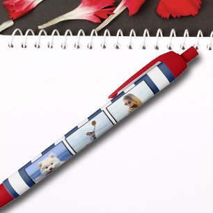 Bolígrafo De Tinta Negra 3 Photo Collage Blue White Coastal Stripe Hearts