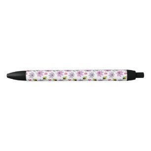 Bolígrafo De Tinta Negra Abeja Linda Patrón Floral Cottagecore Estética Ros