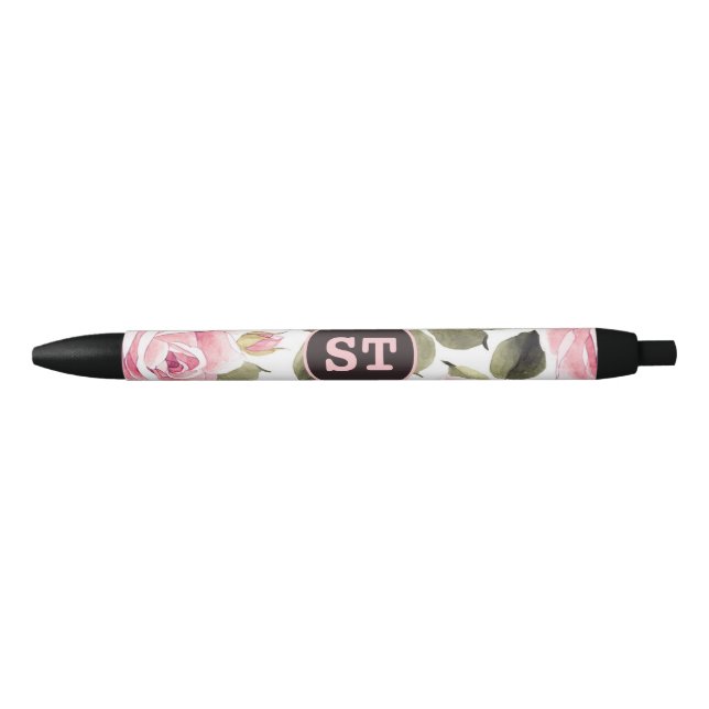 Bolígrafo De Tinta Negra Acuarela moderna Floral Rosa Negro (Anverso)