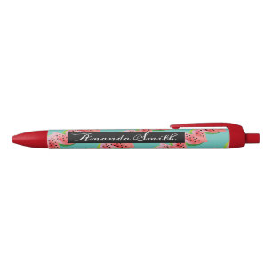 Bolígrafo De Tinta Negra Acuarela Sandía Fruta Rojo Turquesa