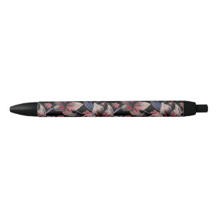 Bolígrafo De Tinta Negra Acuarelas Crimson Floral sobre negro