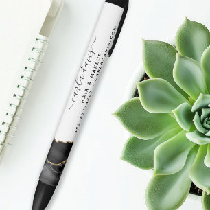 Bolígrafo De Tinta Negra Agate Black And Gold Marble Script Salon