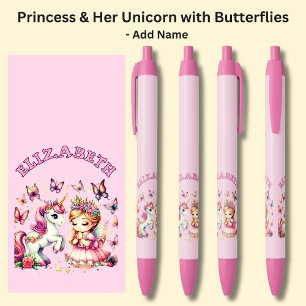 Bolígrafo De Tinta Negra Añadir el nombre Princesa y su unicornio y maripos