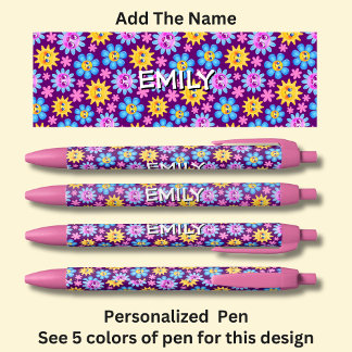 Bolígrafo De Tinta Negra Añadir nombre, caras de las flores rosadas y azule