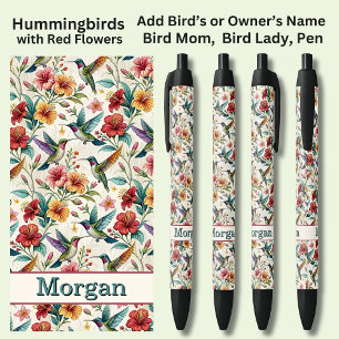 Bolígrafo De Tinta Negra Añadir nombre, colibríes con flores rojas