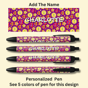 Bolígrafo De Tinta Negra Añadir nombre, corazones rosados estrellas amarill