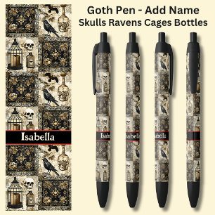 Bolígrafo De Tinta Negra Añadir nombre, Gótico Skulls Ravens Cages Botellas