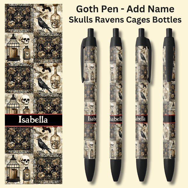 Bolígrafo De Tinta Negra Añadir nombre, Gótico Skulls Ravens Cages Botellas (Subido por el creador)