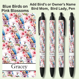 Bolígrafo De Tinta Negra Añadir nombre, pájaros azules en flores rosas