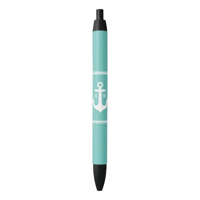 Bolígrafo De Tinta Negra Ancla azul de Seafoam con monograma (Frente vertical)