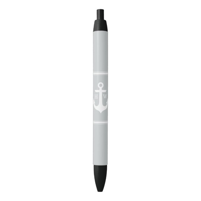 Bolígrafo De Tinta Negra Ancla gris monogramada (Frente vertical)