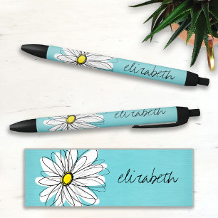 Bolígrafo De Tinta Negra Aqua y Yellow Whimsical Daisy Personalizado Textos