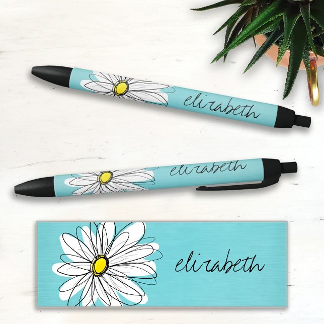 Bolígrafo De Tinta Negra Aqua y Yellow Whimsical Daisy Personalizado Textos (Subido por el creador)