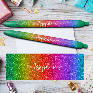 Bolígrafo De Tinta Negra Arcoíris Colorido Brillo Nombre Personalizado