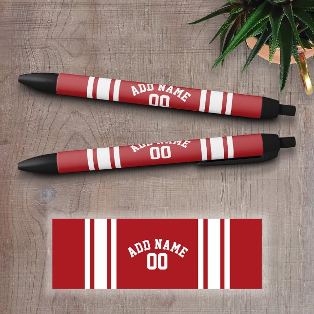 Bolígrafo De Tinta Negra Bandas rojas y blancas con nombre y número (Personalized Writing Pens - add your name, monogram or other text)