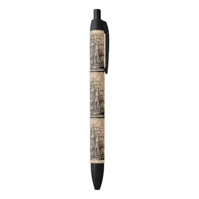 Bolígrafo De Tinta Negra Barco Antiguo y Mapa (Parte inferior (Vertical))