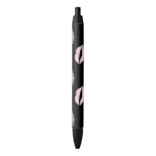Bolígrafo De Tinta Negra Besos Rosados Plateados