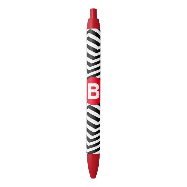 Bolígrafo De Tinta Negra Black and White Zig Zag Pattern Red Monogram (Frente vertical)