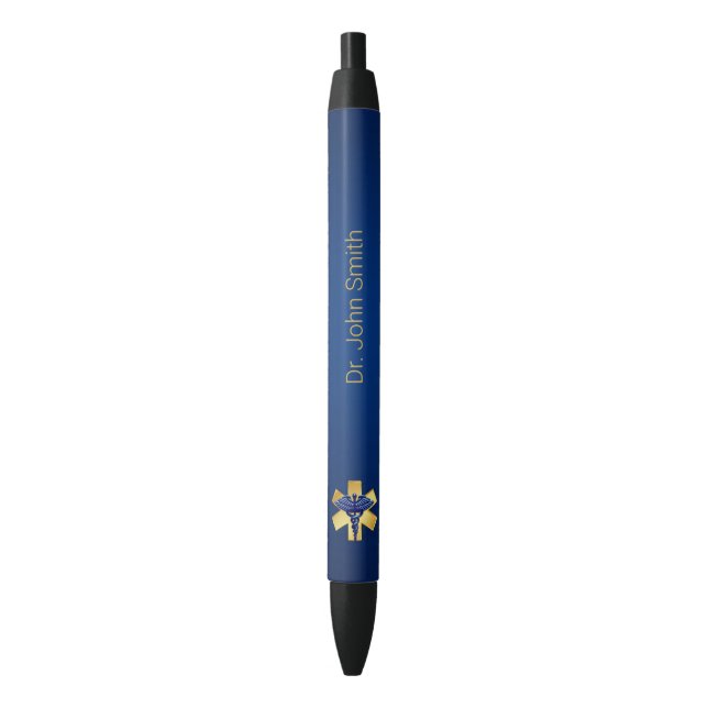 Bolígrafo De Tinta Negra Blue Medical 3D Caduceus Gold Cross (Frente vertical)