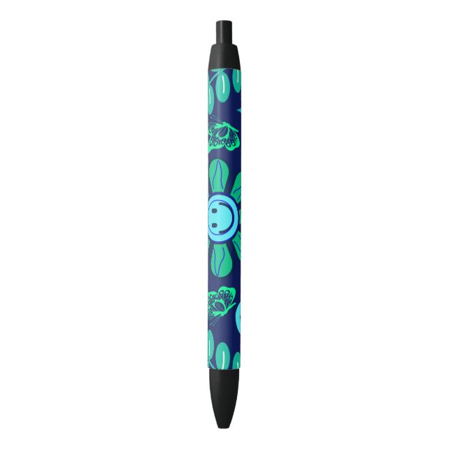 Bolígrafo De Tinta Negra Blue Retro Style Floral and Sun Symbol Pattern (Frente vertical)