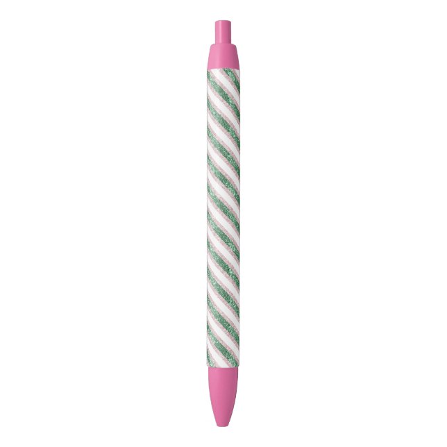 Bolígrafo De Tinta Negra Blush Pink Green Glitter Stripes Christmas   (Frente vertical)