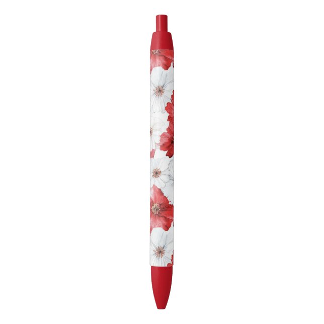 Bolígrafo De Tinta Negra Boda de Flores Blancas Rojas (Frente vertical)
