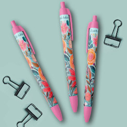 Bolígrafo De Tinta Negra Botánico floral femenino bonito
