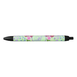 Bolígrafo De Tinta Negra Bouquet de flores Monograma turquesa