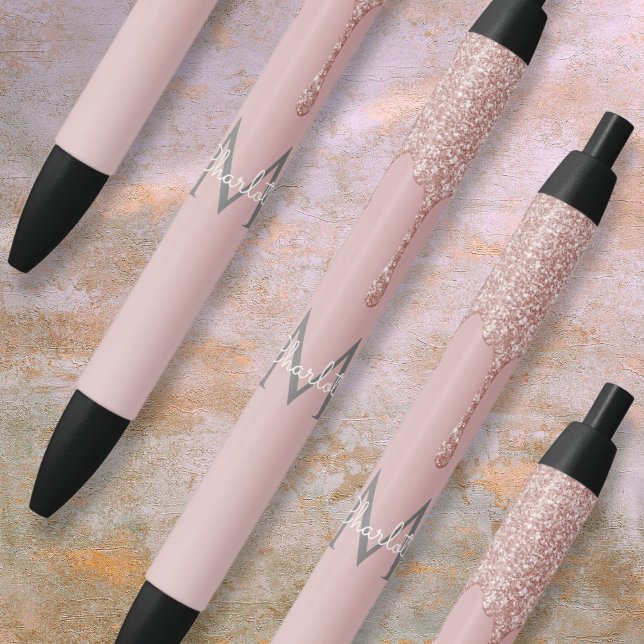 Bolígrafo De Tinta Negra Brillo Rosa Rubor Monograma con Goteo Letra Femeni (Blush Pink Glitter Drips Monogram Girly Script Pen)