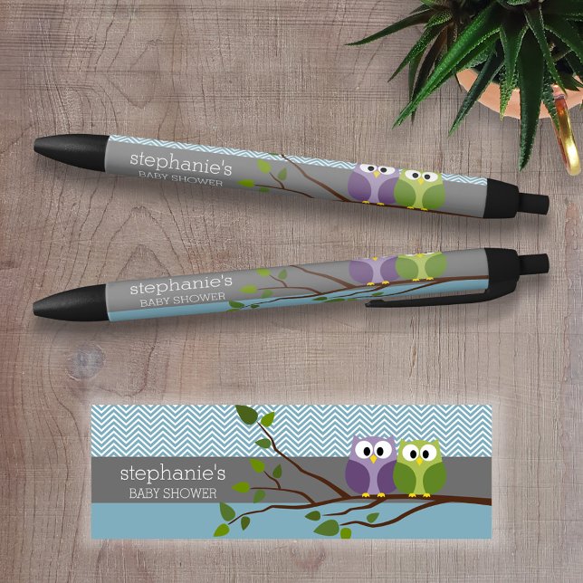 Bolígrafo De Tinta Negra Búho lindo en la rama - Ducha de niño bebé azul (Personalized Writing Pen )