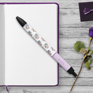 Bolígrafo De Tinta Negra Cachorro adorable sentado sobre libros y flores fe