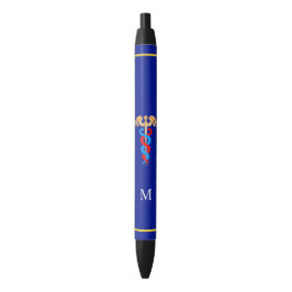 Bolígrafo De Tinta Negra Caduceo y monograma sobre fondo azul