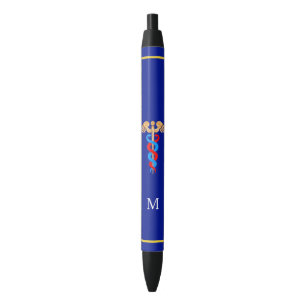 Bolígrafo De Tinta Negra Caduceo y monograma sobre fondo azul