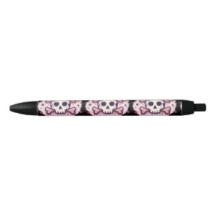 Bolígrafo De Tinta Negra Calavera y huesos cruzados de color rosa pastel