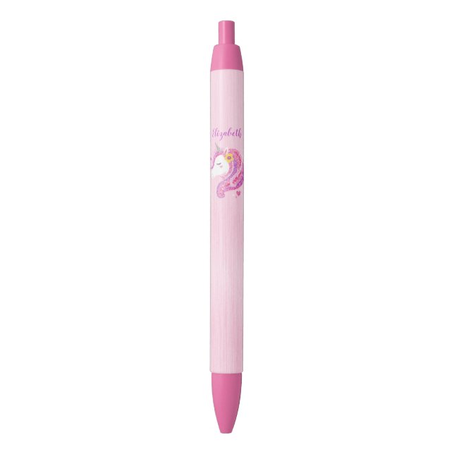 Bolígrafo De Tinta Negra Cara unicorniana, Purpurina mágico y personalizado (Frente vertical)