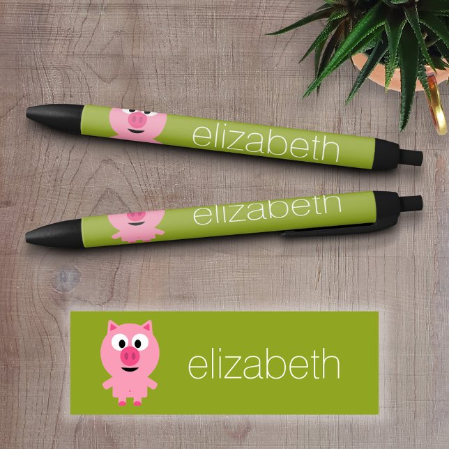 Bolígrafo De Tinta Negra Cerdo Personalizado de granja - verde rosa y lima (Personalized writing pens - Add your text )