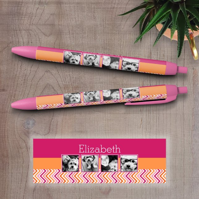 Bolígrafo De Tinta Negra Chevrons, Naranja rosado caliente, Collage de foto (Personalized Writing Pen with Photos and Text - Custom Pens)