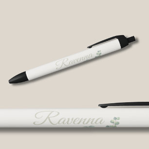 Bolígrafo De Tinta Negra Chic Nombre Personalizado Salvia Eucalipto Marfil