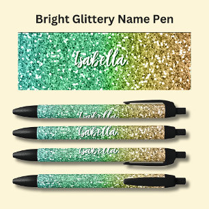 Bolígrafo De Tinta Negra Chicas Nombre Brillante Efecto Purpurina Oro Verde
