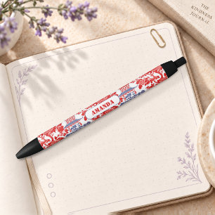Bolígrafo De Tinta Negra Chinoiserie Vintage Delft Rojo Francés monograma A