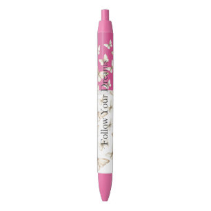 Bolígrafo De Tinta Negra Cielos rosados chic y mariposas