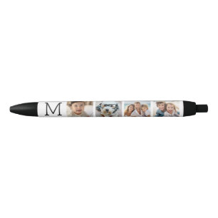 Bolígrafo De Tinta Negra Colage de 4 Fotos con Inicial de Monograma - Blanc