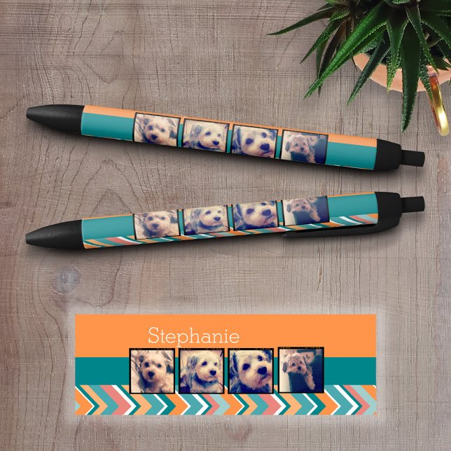 Bolígrafo De Tinta Negra Collage de fotos con Naranjas y Chevrons Verde azu (Personalized Writing Pens - add your name, monogram or other text)