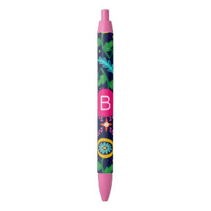 Bolígrafo De Tinta Negra Colorido Brillante Caótico Floral Monograma Azul O