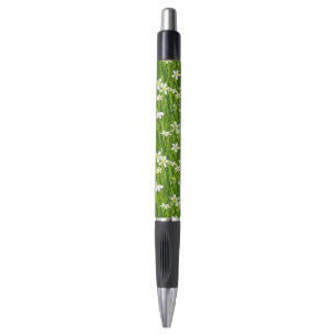 Bolígrafo de tinta negra con flores blancas y hoja