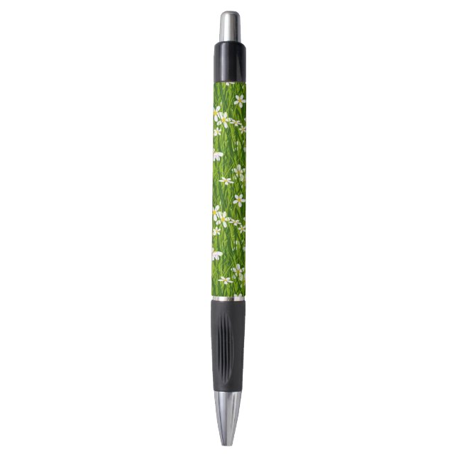 Bolígrafo de tinta negra con flores blancas y hoja (Frente vertical)