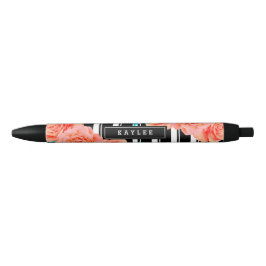 Bolígrafo De Tinta Negra Coral vibrante y floral Aqua