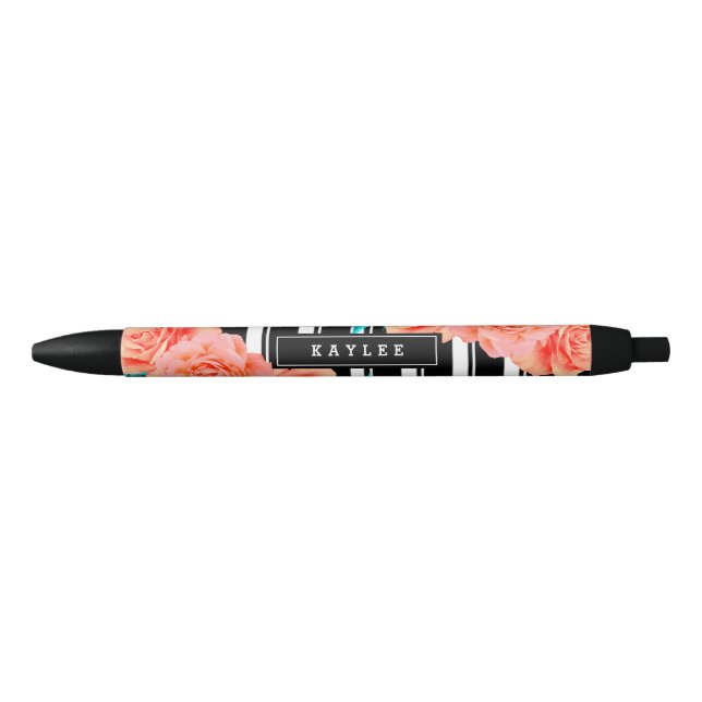 Bolígrafo De Tinta Negra Coral vibrante y floral Aqua (Anverso)