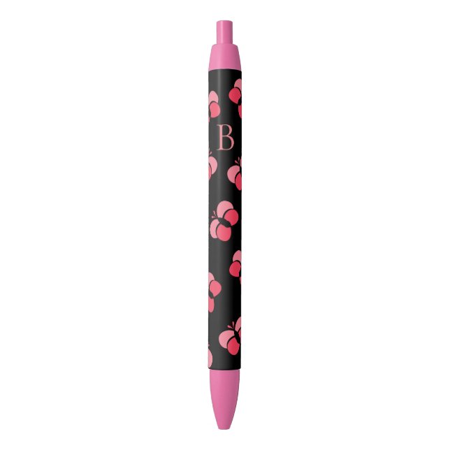 Bolígrafo De Tinta Negra Cute Bubbly Pink Butterflies Monogram (Frente vertical)