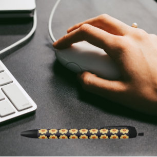 Bolígrafo De Tinta Negra Dahlia amarilla en patrón floral negro